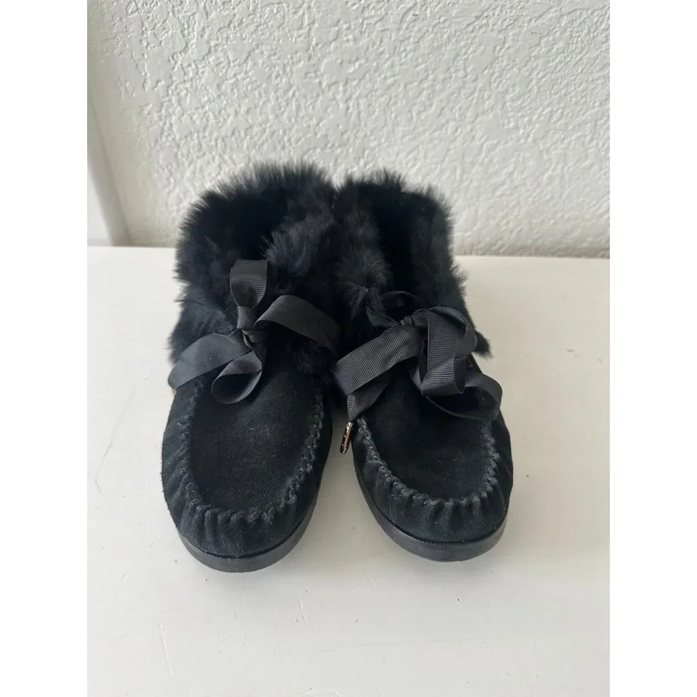 Tory Burch Aberdeen Shearling Suede Slippers Black Size 9